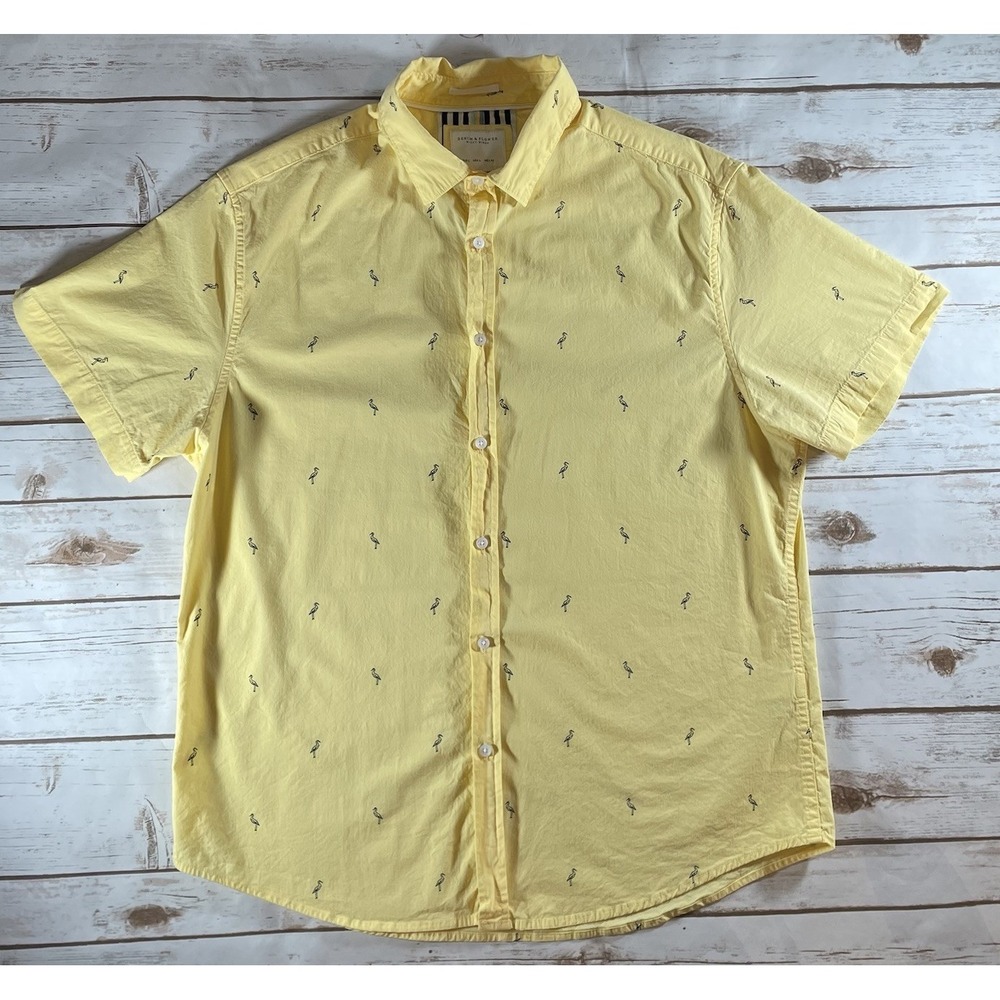 Denim & Flower Ricky Singh Yellow Bird Print Button Up Shirt Men's Large